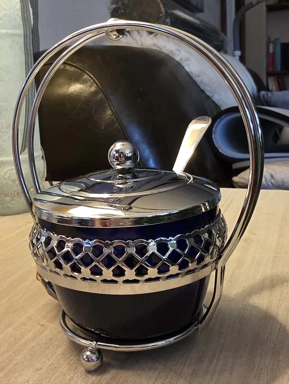 Vintage Meynell Cobalt Blue Glass Jam/Sugar Pot with Original Tag